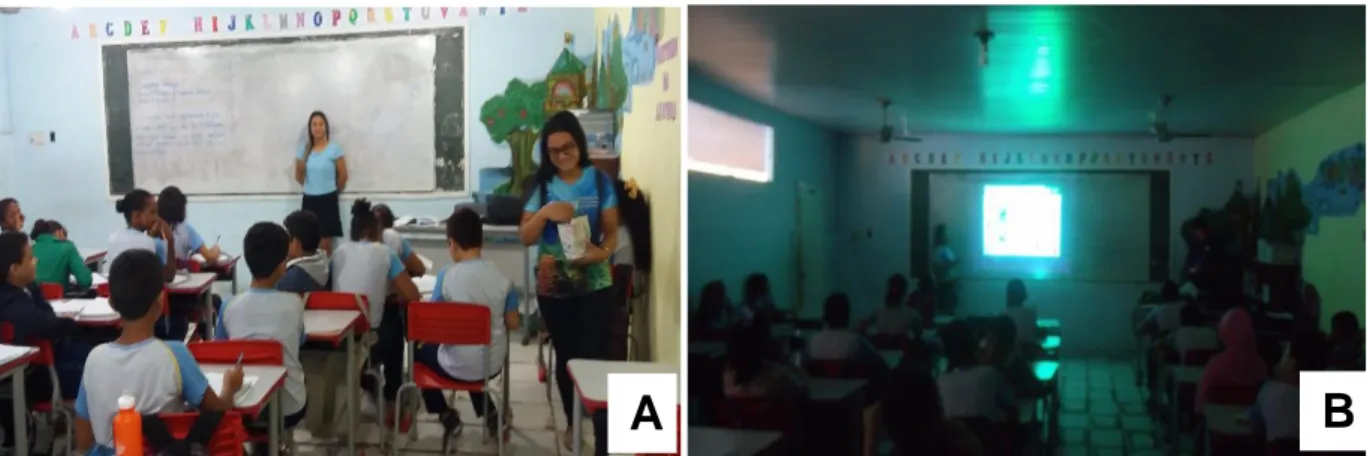 Figura 8: (A) palestra sobre pesca e aquicultura para os alunos e (B) atividade virtual de  ensino/aprendizagem com os estudantes, Breves, Ilha do Marajó, Pará, Brasil