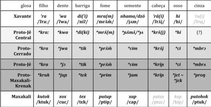 Tabela 3. A evolução de alguns dados lexicais das línguas Xavante e Maxakali. 