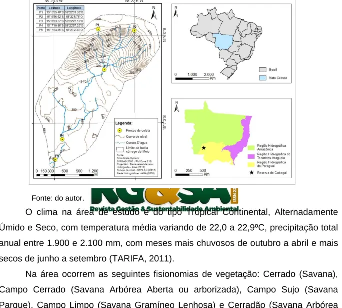 Figura 1: Mapa de localização do município de Reserva do Cabaçal e da microbacia  do Córrego do Meio, com os pontos de coleta de água (P1-P5) e curvas de nível  