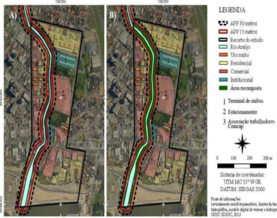 Figura  8  -  Proposta  de  cenário  4:  A)  Cenário  atual;  B)  Considerando  a  desapropriação  das  ocupações  dentro  da  APP  de  15m  e  recomposição  da  vegetação 