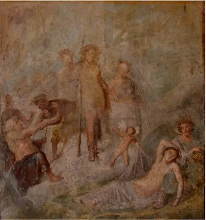 FIGURA 2 – Pintura parietal - Afresco de Dionísio e sua entourage descobrindo  Ariadne adormecida - Pompeia, Casa dei Capitelli Colorati - VII,4,31-51 –  