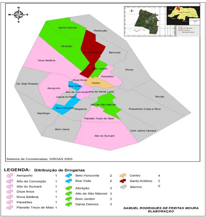Figura 1- Mapa de distribuição das drogarias do município de Mossoró/RN, 2014. 