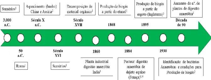 Figura 1: Linha do tempo sobre o histórico da digestão anaeróbia de resíduos. 
