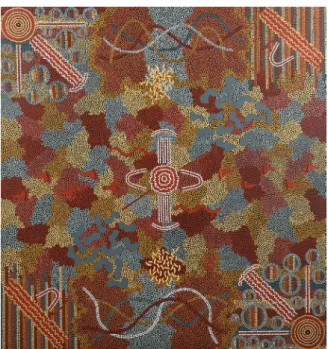 Figure 7. Clifford Possum Tjapaltjarri and family. 1989. “Frog  Dreaming”. Synthetic polymer on canvas