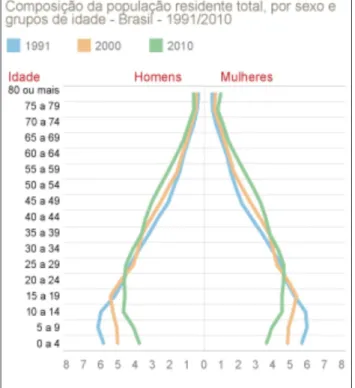 Figura 1: Composição da população residente total, por sexo e grupo de idade – Brasil- 1991/2010