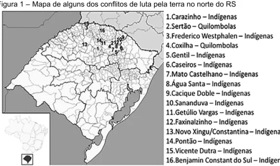 Figura 1 – Mapa de alguns dos conflitos de luta pela terra no norte do RS