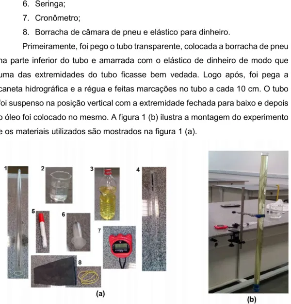 Figura 1: (a) Materiais utilizados no experimento 1; (b) montagem do experimento “gota d’água  no óleo”