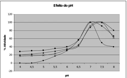 Figura  3.  Influencia  do  pH  sobre  a  atividade  hidrolitica  da  LCR  livre  (●),  imobilizada  por  adsorção  (■),  ativada  com  glioxal    (▲)  e  ativada  com  gluteraldeído (x)
