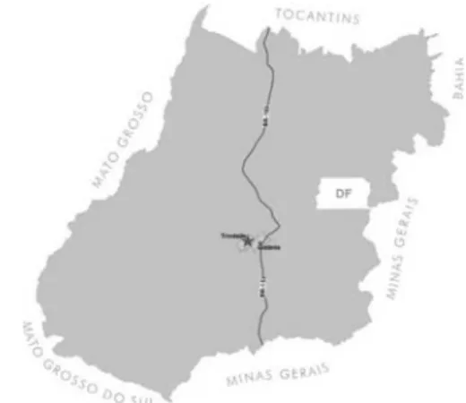 Figura 1 - Mapa de Goiás com destaque para  os municípios de Trindade e  Goiâ-nia. Disponível em:  http://www.se-plan.go.gov.br/sepin/pub/rank/2003/