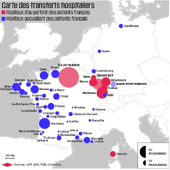 Figure 2: Hospital transfers of French patients. In red, hospitals from which French patients left