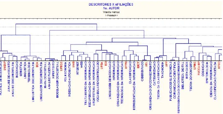 Figura 1 - Representação hierárquica de registros sobre organização da informação- agrupamento descritores versus afiliações institucionais