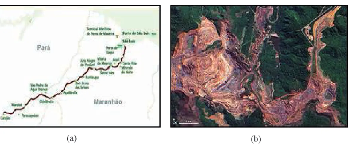 Figura 1 – (a) Estrada de Ferro Carajás; (b) Vista aérea da Serra dos Carajás.