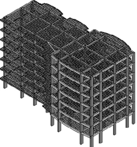 Figura 4: Vista isométrica de edificio de nueve niveles en la que se aprecian el módulo central y el módulo  lateral izquierdo