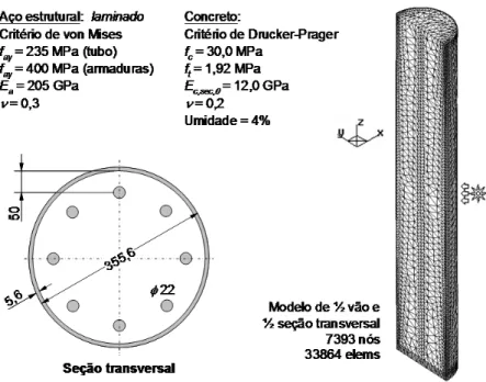 Figura 7: Dimensões e discretização do pilar misto tubular preenchido com concreto 