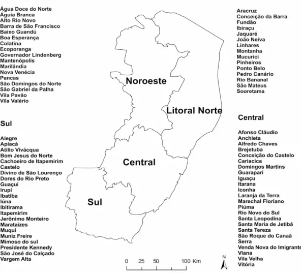 Figura 1 – Mesorregiões do estado do Espírito Santo com seus respectivos municípios