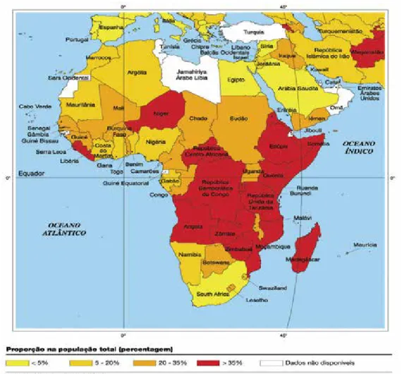 Figura 2. Mapa da fome no continente africano: proporção de pessoas subnutridas.