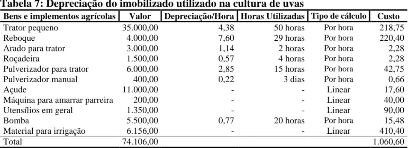 Tabela 7: Depreciação do imobilizado utilizado na cultura de uvas 