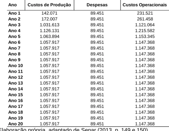 Tabela 19. – Custo de Produção, Despesas e Custos Operacionais da Pecuária, por  ano (em R$) 