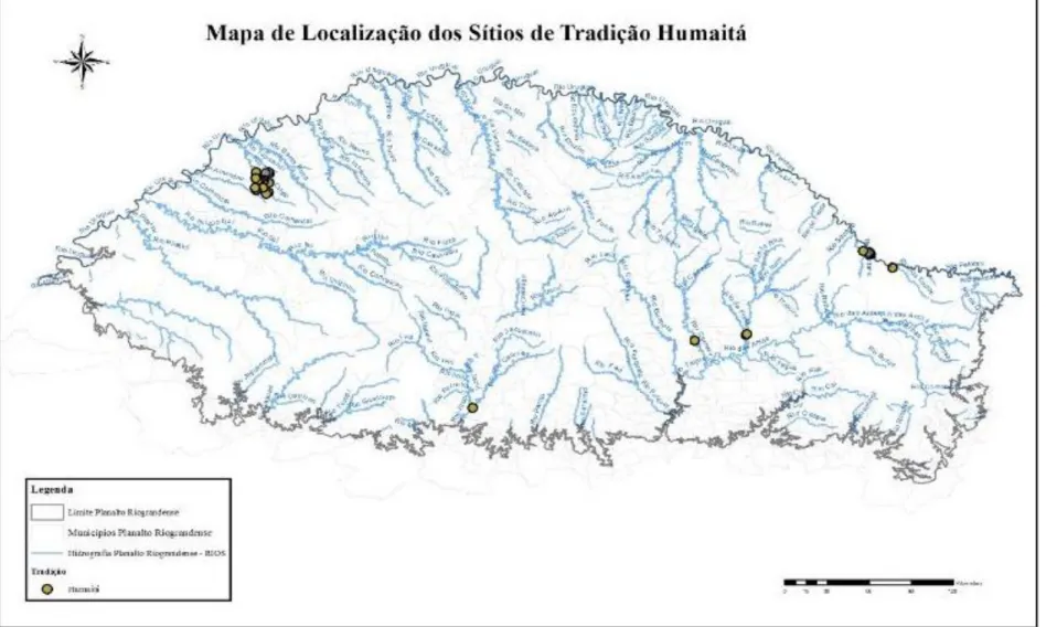 Figura 5 - Mapa de localização dos 34 sítios anotados como tradição arqueológica humaitá para o planalto meridional do Rio Grande do Sul
