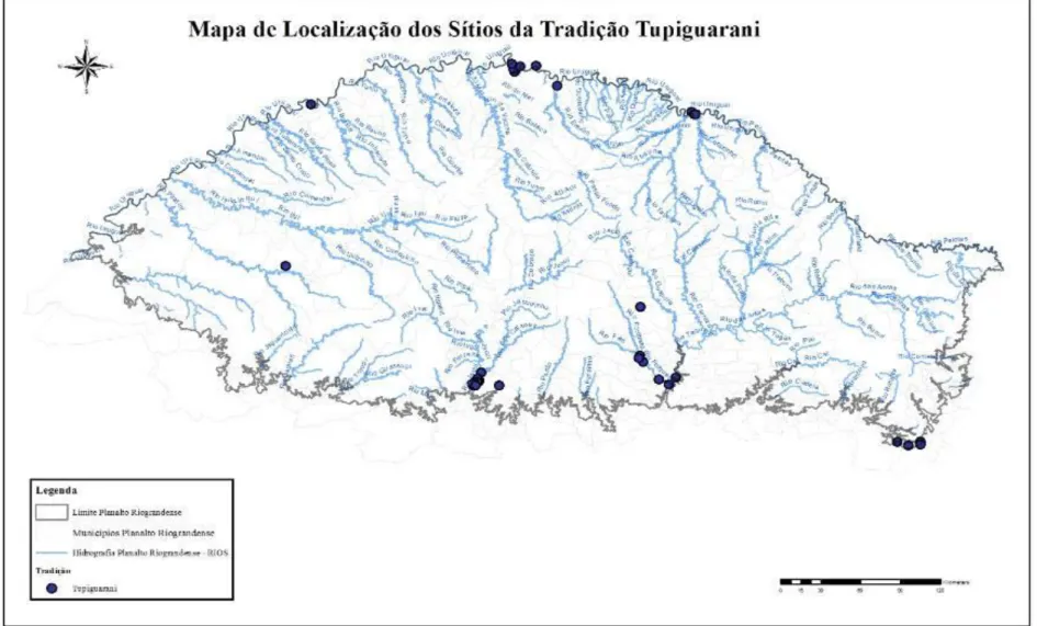 Figura 7 - Localização dos  68 sítios anotados como de tradição arqueológica tupiguarani no planalto meridional do Rio Grande do Sul