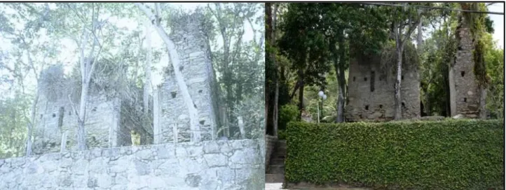 Figura 04. Frente da Ruína da Capela e Cemitério de Nossa Senhora da Conceição. Na esquerda, o  estado do bem quando houve seu tombamento em 1993
