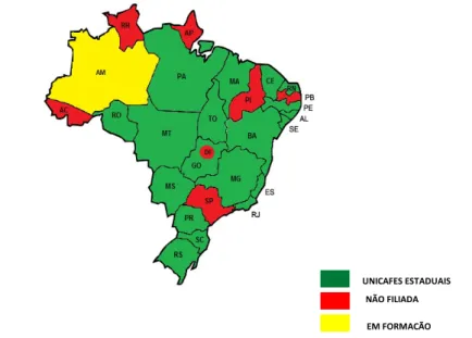 Figura 01- Mapa Brasileiro representando os estados filiados a rede Unicafes.