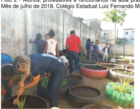 Foto 2 - Alunos, professores e funcionários na aula prática, plantação na horta. 