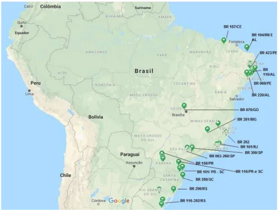 Figura 2: Indicação dos pontos onde houve duplicação de rodovias, cujos relatórios  foram analisados nesta pesquisa