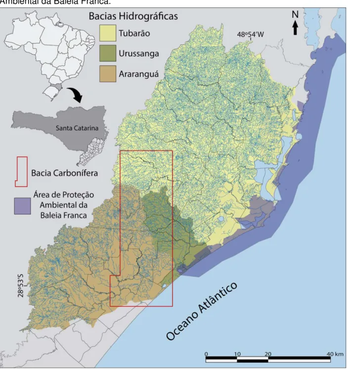 Figura 1. Localização da Bacia do Rio Urussanga (Santa Catarina, Brasil) e bacias  adjacentes, com destaque para delimitação da Bacia Carbonífera e Área de Proteção  Ambiental da Baleia Franca