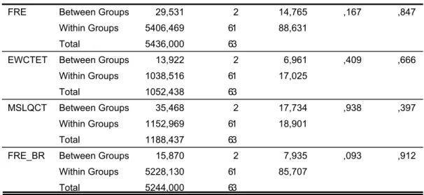 Table 15: Main Indicators – Program Level – ANOVA 29,531 2 14,765 ,167 ,847 5406,469 61 88,631 5436,000 63 13,922 2 6,961 ,409 ,666 1038,516 61 17,025 1052,438 63 35,468 2 17,734 ,938 ,397 1152,969 61 18,901 1188,437 63 15,870 2 7,935 ,093 ,912 5228,130 61