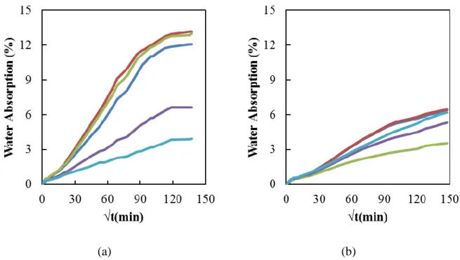 Figure 3.12 - Water absorption by capillarity in mortar at the age of (a) 43 days and (b) 92  days