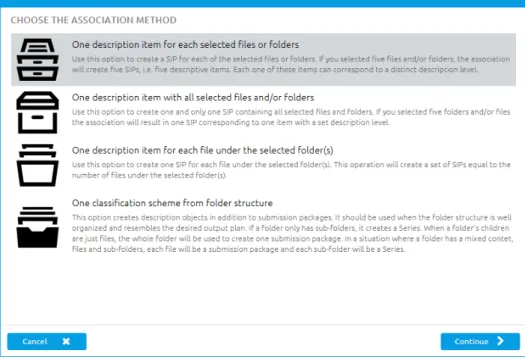 Figure 8 : The panel with the four association options in RODA-in.