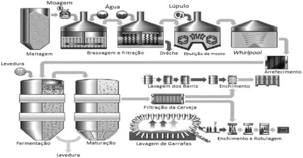 Figura 1 – Esquema do processo de produção de cerveja (adaptado de Wunderlich &amp; Back, 2009)