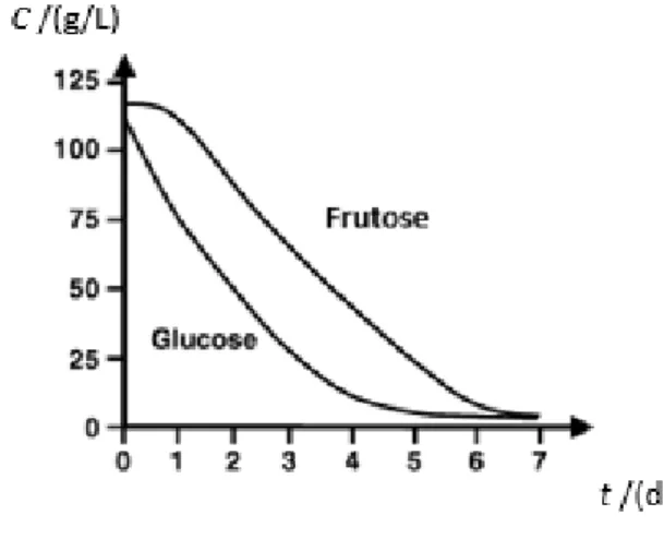 Figura 4: Perfil geral da concentração de glucose e frutose no  mosto ( C ) ao longo do tempo ( t ), (Adaptado de Rodicio &amp; 