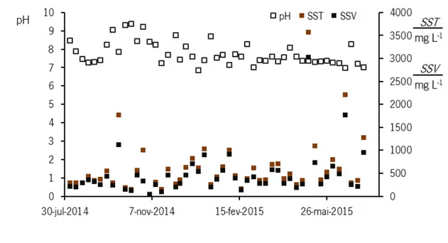 Figura  4.3 –  Resultados  relativos  a  um  ano  de  monitorização  semanal  da  água  residual  bruta,  pH  e  a  concentração  de  SST em  mg L -1 