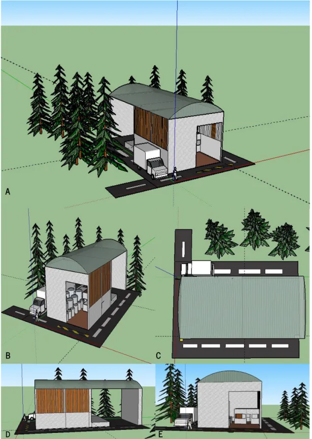 Figura  13  –  Projeção,  com  o  programa  SketchUp  2016   da  estrutura  da  adega  com  vista  lateral  em  perspetiva (A) e (B), vista de cima (C), vista lateral (D) e vista frontal ( E )