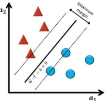 Figure 3.4: Example of Support Vector Machine classification in a linearly separable bi- bi-nary dataset.
