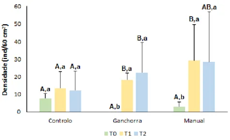 Figura 5. Média (±dp) da densidade (ind/60 cm 2 ) da fauna associada aos diferentes tratamentos (C, G e M) ao longo  do  tempo (T0, T1 e  T2)