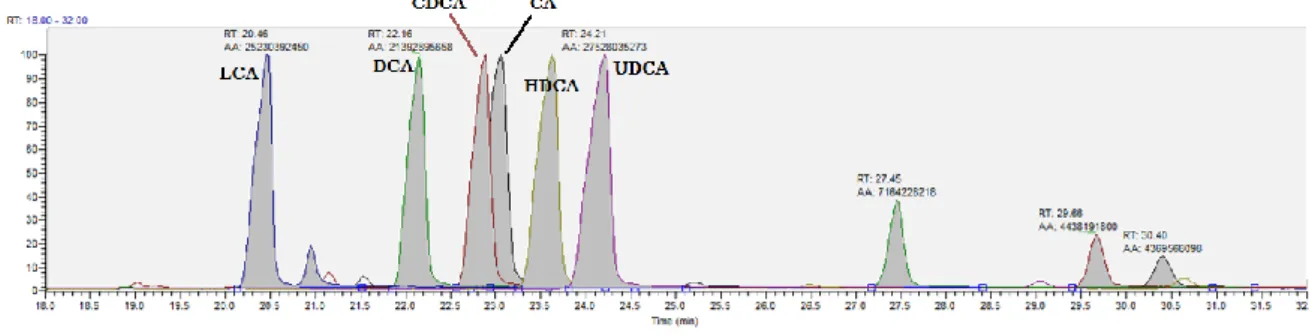 Figure  4.4  shows  the  combination  of  the  individual  chromatogram  in  just  one  chromatogram, obtained with the second method settings