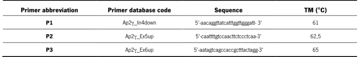 Table 1. List of PCR primers sequence needed to genotype AP2 γ  gene and respective melting temperature (TM) 