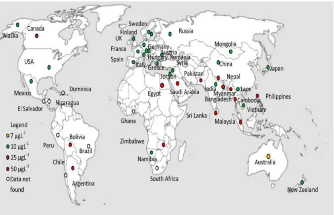 Figura 1 – Mapa mundial de valores máximos permitidos de concentração de arsénio em águas subterrâneas [3] 