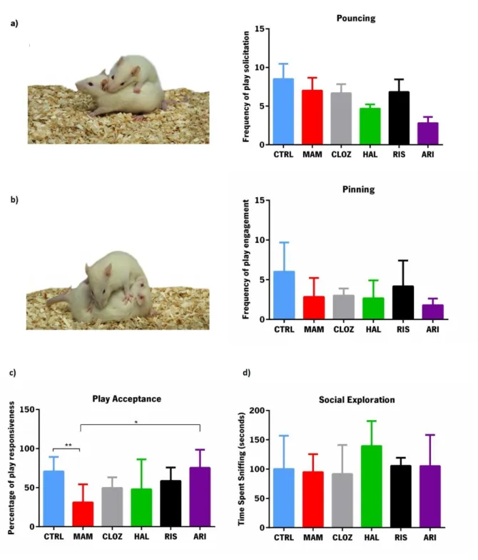 Figure 5 - Evaluation of playful behavior in control, MAM and treated animals.  a) Number of  solicitation  of  playful  behavior;  b)  Frequency  of  engagement  in  playful  behavior,  as  a  response  to  the  play  solicitation; c) Percentage of respon