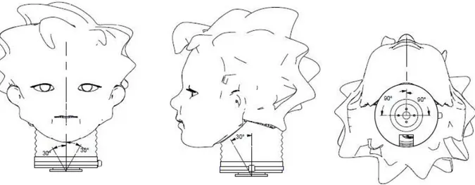 Figure 4.2.3-2 The maximum ranges for the servos placed in the neck. Starting from the left, the roll angle with a  maximum range of 60⁰ degrees