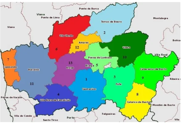 Figura 2: Itinerário das sessões de propaganda eleitoral nos concelhos do distrito de Braga no ano  de 1949 