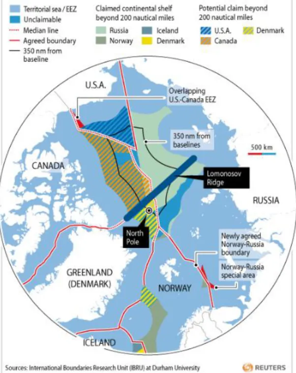 Figura 5:  Fronteiras e territórios reclamados na região do Ártico  