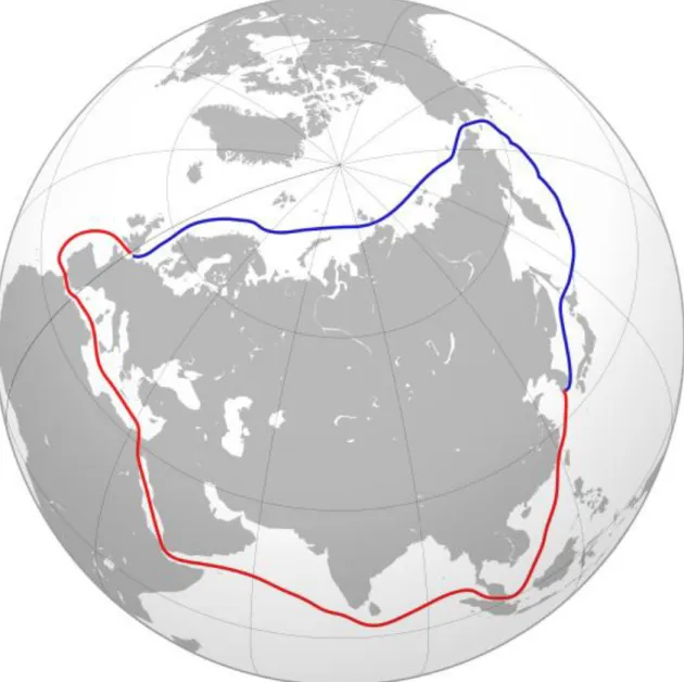 Figura  9:  A  Northern  Sea  Route  em  comparação  com  a  rota  do  Canal  do  Suez  -  estreito  de  Malaca  