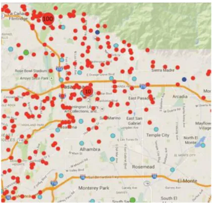 Figura 7 - Mapa da área de Pasadena, LA com várias estações de monitorização [12]