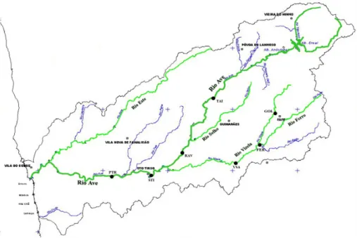 Figura 5.2: Distribuição espacial das estações de amostragem de qualidade na bacia hidro- hidro-gráca do Rio Ave e seu principal auente (Rio Vizela)