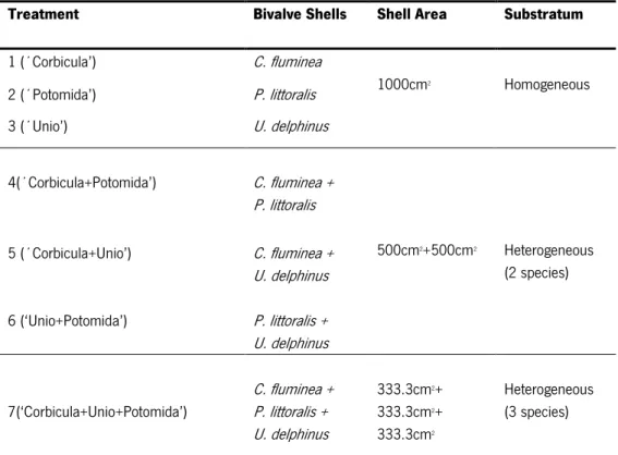 Table 1. Experimental design of the seven different treatments, considering the total outer shell area and type of substratum