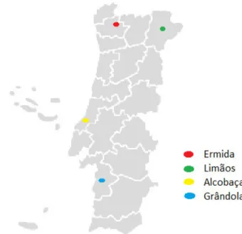 Figure  4.  Geographic  location  of  the  sampling  sites  on  continental  Portugal